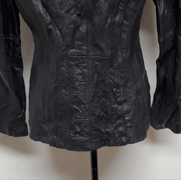 JONES New York Black Crinkled Leather Notched Collar Button Up Moto Jacket Large - Picture 11 of 16